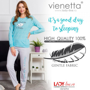 Pijamale Dama din Bumbac Vienetta Model 'It's a Good Day to Sleeping' Blue