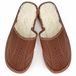 Brown Wool-Lined Leather Slippers 'Monte Carlo' Model