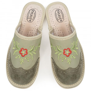 Green Leather Slippers, 'Summer London Brogue' Khaki Model