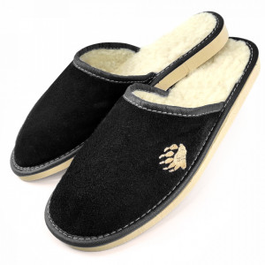 Leather Slippers Lined with Natural Wool, Model 'Touching Bear' Black