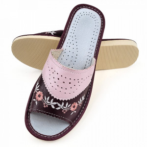 Papuci de Casa Dama Material Piele Culoare Visiniu/Roz Model 'Spring Mood'