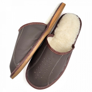 Papuci de Casa din Piele Imblaniti cu Lana Culoare Maro Model 'Nature Lifts'