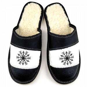 Papuci de Casa din Piele Imblaniti cu Lana Model 'Snow in December' Black