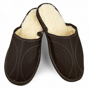 Papuci de Casa din Piele si Lana de Oaie Culoare Negru Model 'Back to Brown'