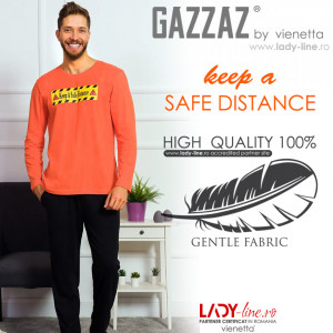 Pijamale Barbati Bumbac 100% Gazzaz by Vienetta 'Keep a Safe Distance' Orange
