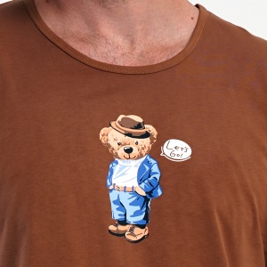Pijamale Bărbați din Bumbac 100% Vienetta | MAN Model 'Let's Go Teddy!'-Prezentare pijama detaliu imprimeu.