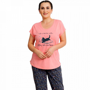 Pijamale Dama Marimi Mari Vienetta Model 'Life is Better with Coffee & Cats' Pink