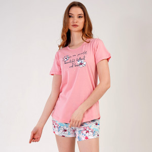 Pijamale Dama Vienetta din Bumbac 100%, Model 'Powerful and Brave' Pink