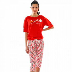 Pijamale Dama Vienetta din Bumbac cu Pantalon 3/4 Model 'Poppin' Red'