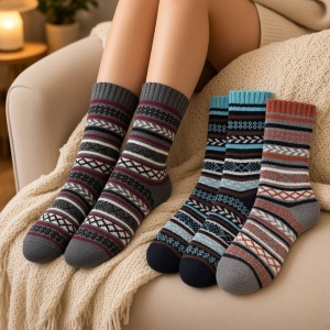 Șosetă Heritage Wool Arctic purtată de model, alături de celelalte două perechi din set așezate pe canapea.