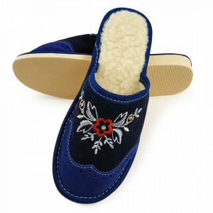 Papuci de Casa din Piele Intoarsa Imblaniti cu Lana Model 'London Brogue Inspire' Dark Blue
