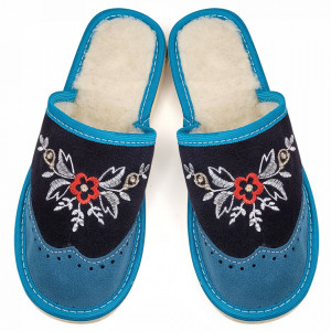 Turquoise Wool-Lined Suede Slippers 'London Brogue'