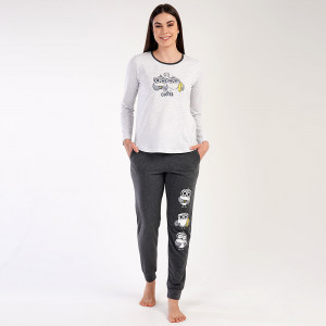 Vienetta Comfortable Women's Pajamas, Model 'All You Need is Coffee' Gray