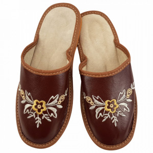 Women's Slippers, Leather Material, Brown Color, Model 'Brown Boost'