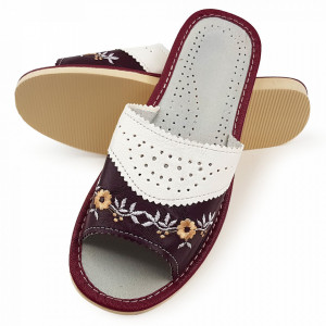 Papuci de Casa Dama Material Piele Culoare Visiniu/Alb Model 'Enkanta Beauty'