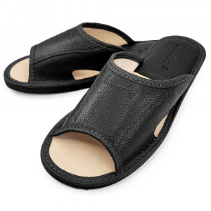 Papuci de Casa din Piele cu Talpa Groasa Culoare Negru, Model 'Luxury Man' Black