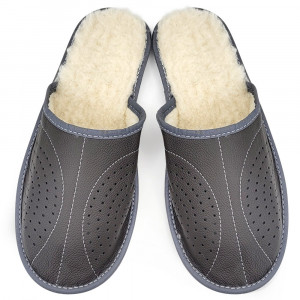 Grey Wool-Lined Leather Slippers 'Regalia Gray' Model