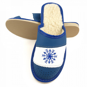 Papuci de Casa din Piele Imblaniti cu Lana Model 'Snow in December' Blue ❄️