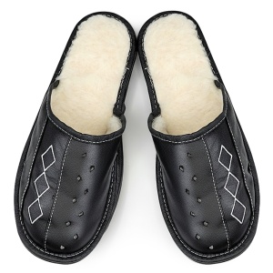 Men's Sheepskin-Lined Leather Slippers 'Geometric Aproch' Dark