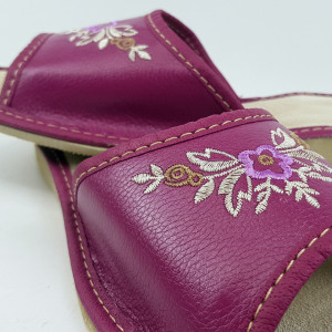 Papuci de Casa Dama, Material Piele, Culoare Mov Liliac, Model 'Lilac Blooms'