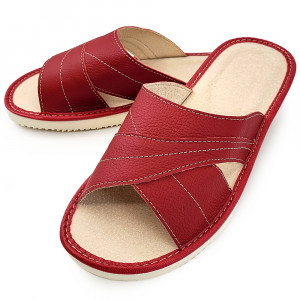 Papuci de Casa din Piele cu Talpa Groasa Culoare Rosu, Model 'Luxury Feet' Red