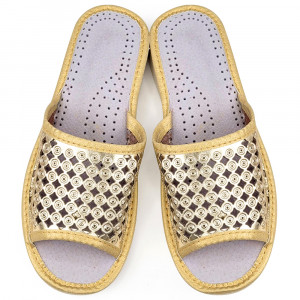 Papuci de Casa din Piele Culoare Auriu Model 'Summer Circles' Gold