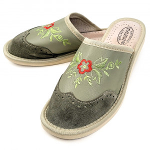 Papuci de Casa din Piele Culoare Verde, Model 'Summer London Brogue' Kaki