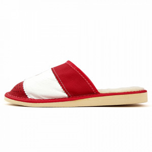 Papuci de Casa din Piele Imblaniti cu Lana Model 'Snow in December' Red
