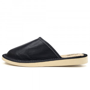 Papuci de casă eleganți din piele naturală pentru femei, model Select Mistery. Culoare negru, talpă groasă, design minimalist.
