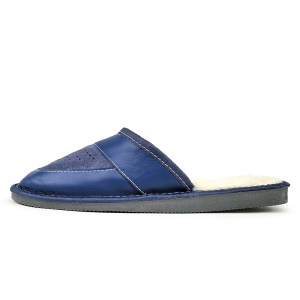 Papuci 'Blue Legacy'  vedere laterală, combinație elegantă piele lucioasă și piele întoarsă, stil masculin.