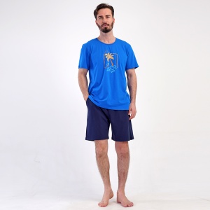 Pijama Bărbați Mărimi Mari din Bumbac 100% Vienetta, Model 'Waves' Blue | Pantaloni cu Buzunare