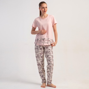 Pijama Damă din Bumbac 100% Vienetta, Model 'Happiness' | Set cu Mânecă Scurtă și Pantaloni Lungi