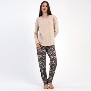 Pijama Damă din Bumbac 100% Vienetta, Model 'Have a Nice Day' Beige