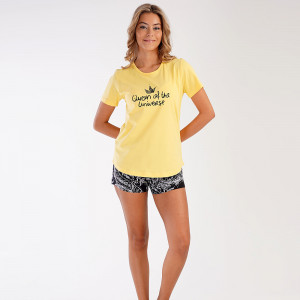 Pijamale Dama Vienetta din Bumbac 100%, Model 'Queen of the Universe' Yellow