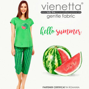 Pijamale Dama Vienetta din Bumbac cu Pantalon 3/4 Model 'Hello Summer' Green