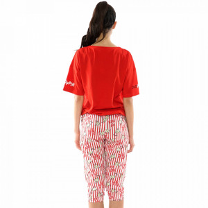 Pijamale Dama Vienetta din Bumbac cu Pantalon 3/4 Model 'Poppin' Red'