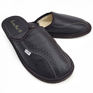 Papuci de Casa Premium din Piele Naturala Imblaniti cu Lana Model 'Morocco' Dark Brown