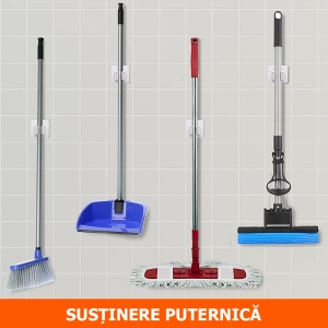 Suport de Perete pentru Mop și Mătură Transparent și Autoadeziv Set 2 Buc. | Organizare Fără Găuri