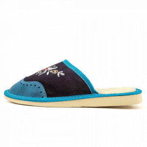 Papuci de Casa din Piele Intoarsa Imblaniti cu Lana Model 'London Brogue' Turquoise