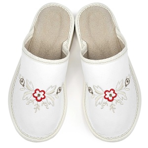 Women's White Leather Slippers 'Akna Rogue' Red Touch | Floral Embroidery, Comfort & Style