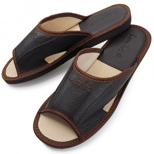 Brown Thick Sole Leather Slippers, Model 'Luxury Man' Dark Brown