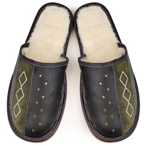 Leather Slippers Model 'Geometric Approach Soft' Brown Green | Comfort and Style, Modern Design
