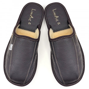 Leather Slippers with Wool Lining, Model 'Luxury Man' Dark Brown