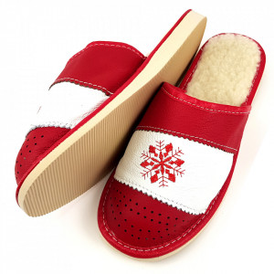 Papuci de Casa din Piele Imblaniti cu Lana Model 'Snow in December' Red