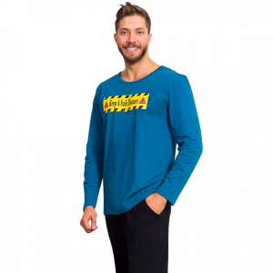 Pijamale Barbati Bumbac 100% Gazzaz by Vienetta 'Keep a Safe Distance' Blue