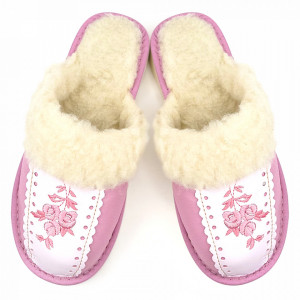 Papuci de Casa Dama Imblaniti cu Lana de Oaie Model 'Root Traditions' Pink