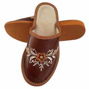 Papuci de Casa Dama, Material Piele, Culoare Maro, Model 'Brown Boost'