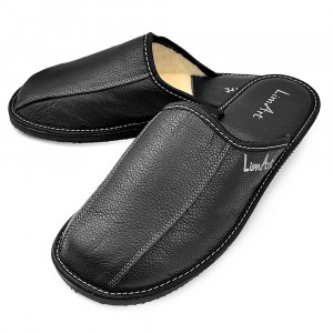 Papuci de Casa din Piele Îmblăniți cu Lână , Model 'Luxury Man' Black