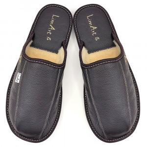 Papuci de Casa din Piele Îmblăniți cu Lână , Model 'Luxury Man' Dark Brown