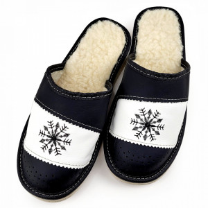 Papuci de Casa din Piele Imblaniti cu Lana Model 'Snow in December' Black